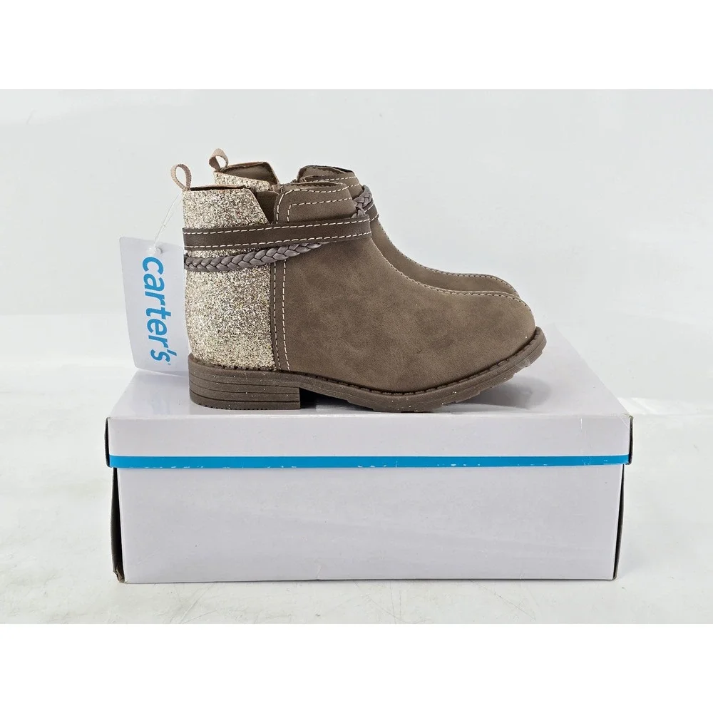 Carter's Letty Ankle Boots Toddler 10 Taupe Glitter Braided Strap - New